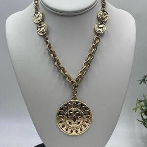 Chicos Chain Link Coin Station Round Rhinestone accent‎ Pendant Necklace